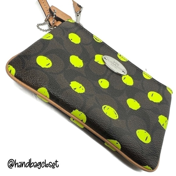 COACH SMALL WRISTLET IN DOT PRINT SIGNATURE CANVAS F52581 BROWN YELLOW LIME NEON - Picture 5 of 6